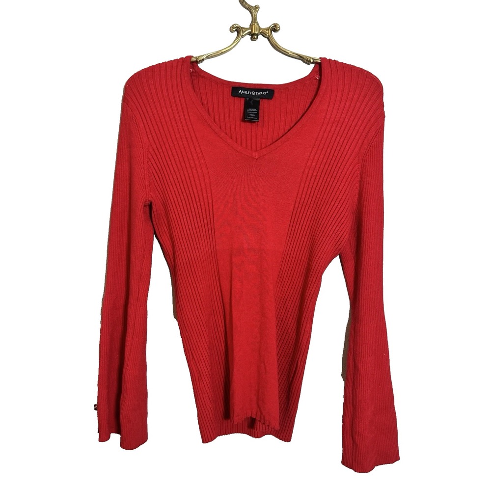 Ashley Stewart Red Ribbed V-Neck Sweater Plus Size 18/20 Bell Sleeve Button Cuff